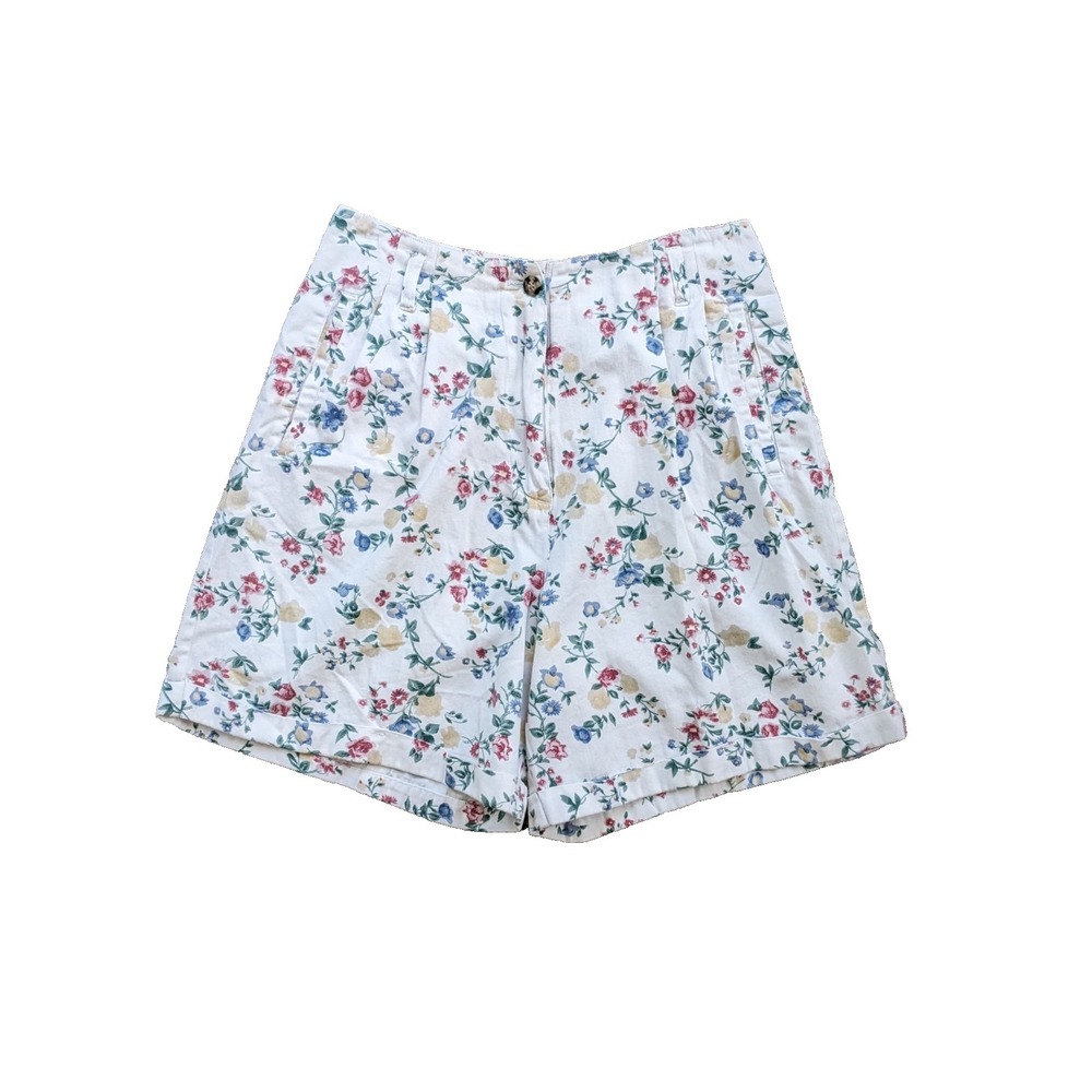 VTG 1990s Garden Floral High Rise Pleated Shorts Light Academia Summer Cotton‎ S